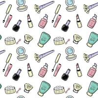 Seamless pattern with cosmetics and accessories. Hand drawn make up, cosmetic doodles, vector background