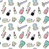 Seamless pattern with cosmetics and accessories. Hand drawn make up, cosmetic doodles, vector background