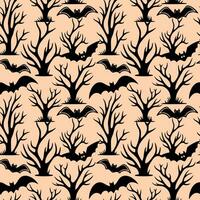 Halloween pattern with bat, tree. Monochrome halloween background, vector seamless pattern.