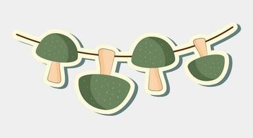 Dried mushrooms on string sticker. Vector mushroom sticker.