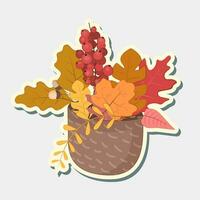 Autumn composition of leaves in a box sticker. Vector sticker autumn leaves.