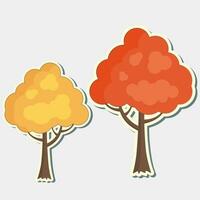 Colorful autumn trees sticker. Cartoon orange and yellow fall tree. Autumnal garden bush sticker vector