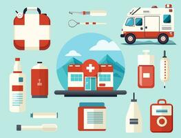 médico colocar. médico instrumentos, medicamento, ambulancia, hospital. vector dibujos animados plano medicamentos ilustración