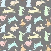 Simple rabbits pattern. Cute colourful rabbits, dark background. Fashionable print for children's textiles, wallpaper and packaging. Seamless vector pattern