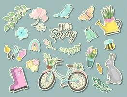 Set of hello spring stickers in doodles style. Collection of scrapbooking elements, labels. Vector seasonal elements.