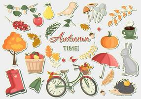 Vector collection with autumn stickers. Autumn sticker set with leaves, pumpkin, forest animals and other symbols of fall.