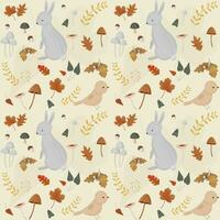 Autumn pattern with bunny, mushrooms, leaves. Forest background, vector seamless pattern.