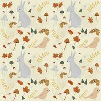 Autumn pattern with bunny, mushrooms, leaves. Forest background, vector seamless pattern.