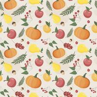 Autumn pattern with pumpkin, leaves, apple, pear, berries. Autumn background, vector seamless pattern.