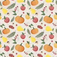 Autumn pattern with pumpkin, leaves, apple, pear, berries. Autumn background, vector seamless pattern.