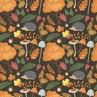 Autumn pattern with hedgehog, mushrooms, tree, leaves. Forest background, vector seamless pattern.