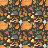 Autumn pattern with hedgehog, mushrooms, tree, leaves. Forest background, vector seamless pattern.