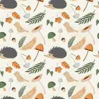 Autumn pattern with hedgehog, mushrooms, leaves. Forest background, vector seamless pattern.