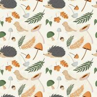 Autumn pattern with hedgehog, mushrooms, leaves. Forest background, vector seamless pattern.