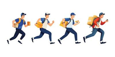 Delivery service workers to customers, vector shipping and delivery package service, box delivery from the shop to the customer illustration