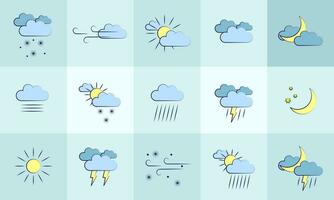 Weather icons set. Sun, rain, storm, wind, snow, cloud, moon. Minimal vector illustrations. Simple flat outline signs for web, forecast app.