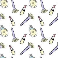 Seamless pattern with cosmetics and accessories. Hand drawn make up, cosmetic doodles, vector background