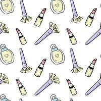 Seamless pattern with cosmetics and accessories. Hand drawn make up, cosmetic doodles, vector background