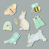 Set of spring animal stickers. Vector stickers rabbit, butterfly,bird,bee, moth. Collection of scrapbooking elements, labels.