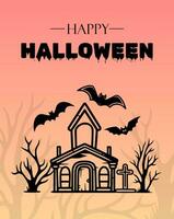 Happy Halloween poster with castle, bat, tree. Vector monochrome illustration. Place for text. Brochure frame