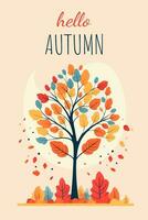 Hello autumn background, poster design. Banner with bright beautiful tree, leaves frame. Autumnal template vector