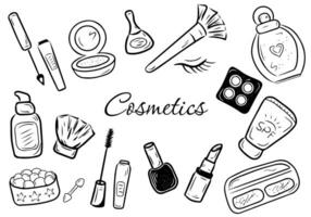 Set of Skincare and Make-up products. Beauty and Cosmetic doodle icons collection. Vector illustration.