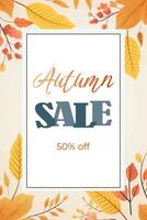 Autumn sale background, poster design. Banner with bright beautiful tree, leaves frame. Autumnal template vector