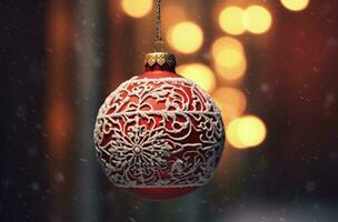 Red Christmas tree ball, bokeh background. Generative AI photo