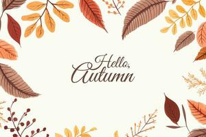 Hello autumn background, poster design. Banner with bright beautiful tree, leaves frame. Autumnal template vector