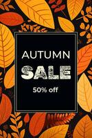 Hello autumn background, poster design. Banner with bright beautiful tree, leaves frame. Autumnal template vector