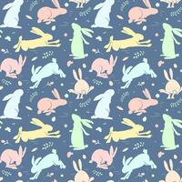 Cute rabbits pattern. Colourful rabbits, dark background. Spring print for wrapping paper, textiles, wallpaper. Seamless vector pattern