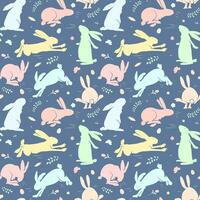 Cute rabbits pattern. Colourful rabbits, dark background. Spring print for wrapping paper, textiles, wallpaper. Seamless vector pattern