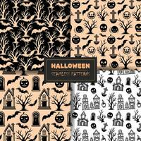 Set of seamless halloween patterns with bat, castle, skull. Vector collection.