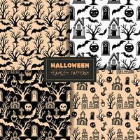 Set of seamless halloween patterns with bat, castle, skull. Vector collection.
