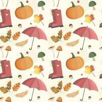 Autumn pattern with pumpkin, umbrella, boots, leaves. Fall background, vector seamless pattern.