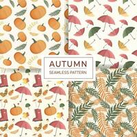 Set of seamless autumn pattern with mushrooms, leaves,hedgehog and autumnal elements. Vector collection.