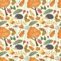 Autumn pattern with hedgehog, mushrooms, tree, leaves. Forest background, vector seamless pattern.