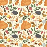 Autumn pattern with hedgehog, mushrooms, tree, leaves. Forest background, vector seamless pattern.