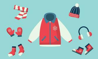 Illustration vector graphic winter suit red, blue, white colors, flat design illustration cartoon design,  winter set suit, winter sport icon, bennie, jacket, headphone, gloves, shoes, syall, sock.