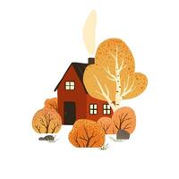 Scene with autumn trees and bushes and red house. Countryside landscape. Isolated on white background. Autumn nature. Stock flat vector illustration