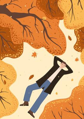 man lies under autumn trees. card with a male lying on the ground, top view. Young boy are resting in the autumn forest. Flat vector illustration