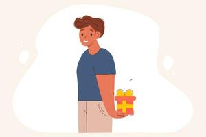 A cheerful man hides a gift behind his back. vector