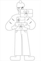 Cool crazy carefree guy wearing outerwear holding a bunch of gift boxes coloring page vector