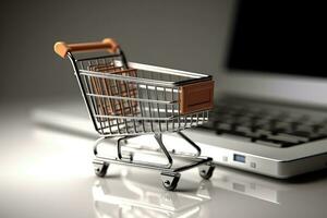 Illustration of shopping cart and laptop, online stores concept, background. Generative AI photo