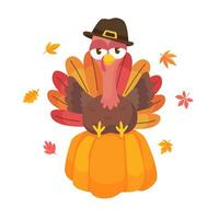 happy thanksgiving cartoon turkey cute and pumpkin in the autumn vector