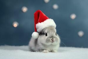 Rabbit in Santa Claus hat, Christmas holiday concept. Generative AI photo