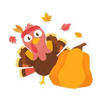 happy thanksgiving cartoon turkey cute and pumpkin in the autumn vector