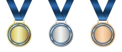 Gold, silver, and bronze medal. Realistic medal set. Prizes for winner. Award with ribbon. Vector illustration