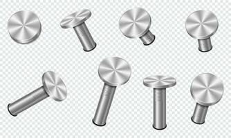Nails hammered into wall. 3d iron nail set. Straight and bent steel spikes with circle head. Hardware nails. Vector illustration