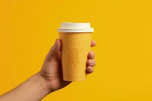 Hand holding coffee cup, yellow background. Generative AI photo